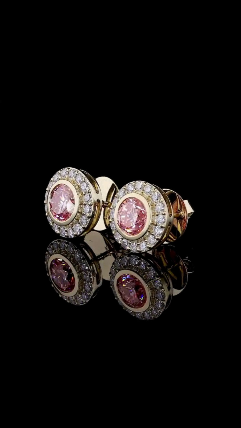 Round Pink Diamond Bezel Halo Stud Earrings