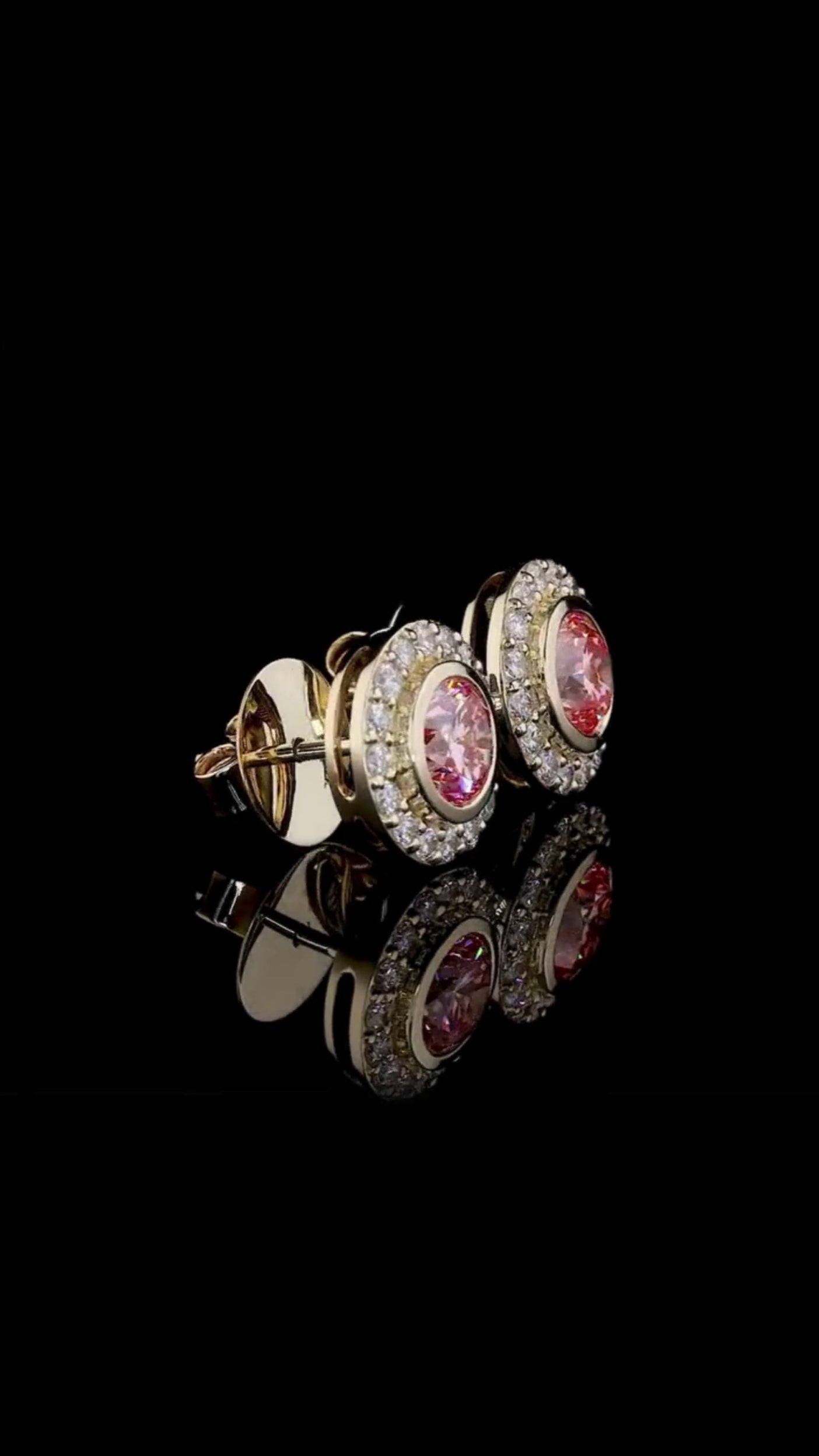 Round Pink Diamond Bezel Halo Stud Earrings