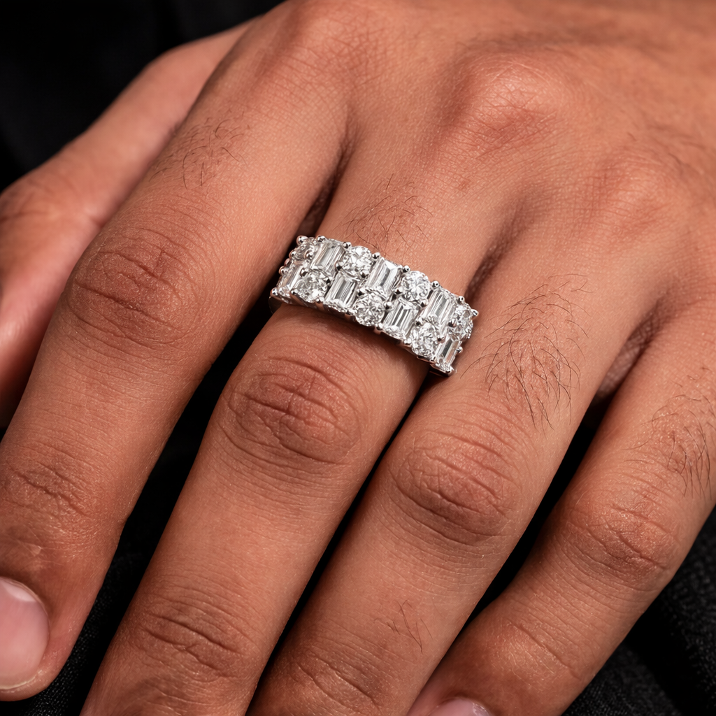 Baguette And Round Brilliant Cut Unisex Rings For Couples