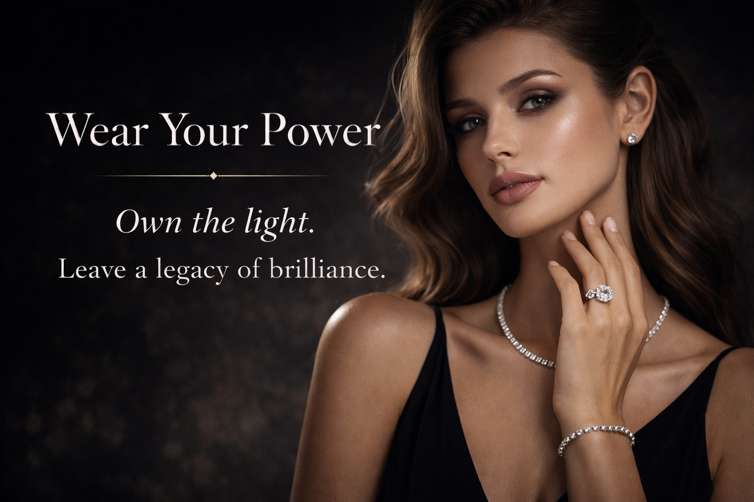 Woman wearing jewelry with motivational text on a dark background