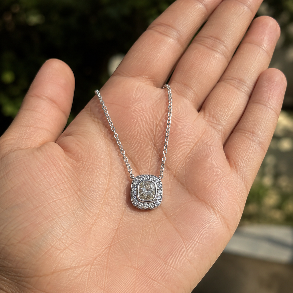 Cushion Cut Diamond Halo Pendant Necklace (1.00) CT
