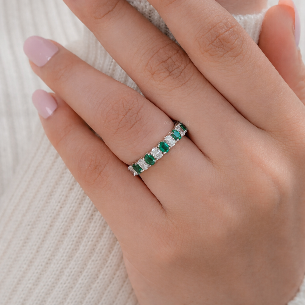 Green Oval Gemstone Half Eternity Wedding Band