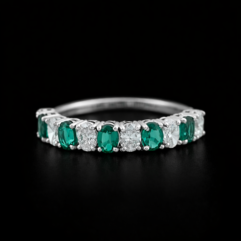 Green Oval Gemstone Half Eternity Wedding Band