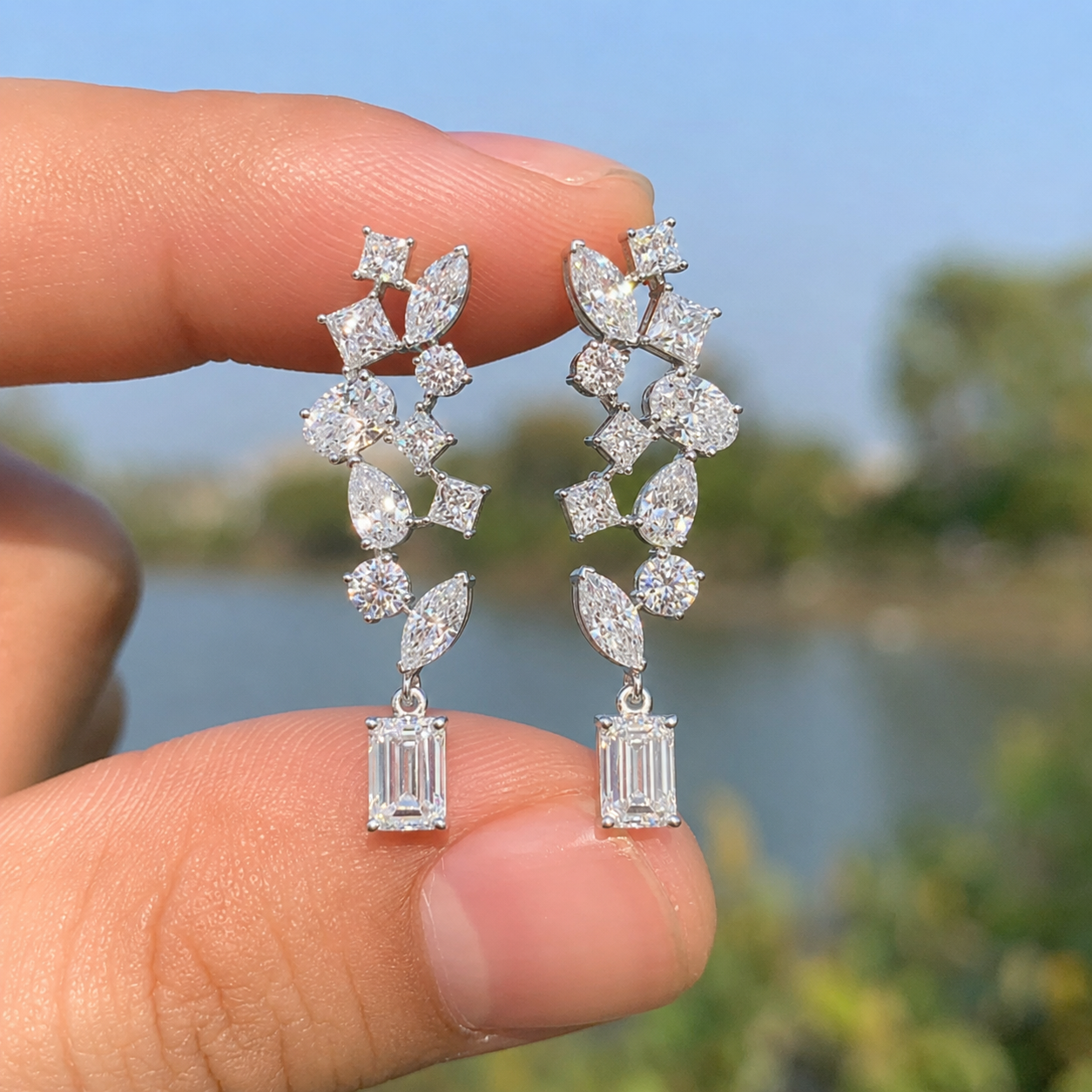 Multi-Shape Diamond Cluster Statement Earrings | 6.44 CT Lab Grown | 6 Diamond Shapes