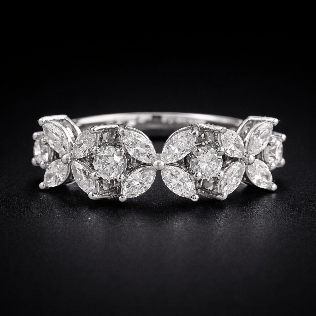 Marquise And Round Cut Diamond Flower Wedding Band