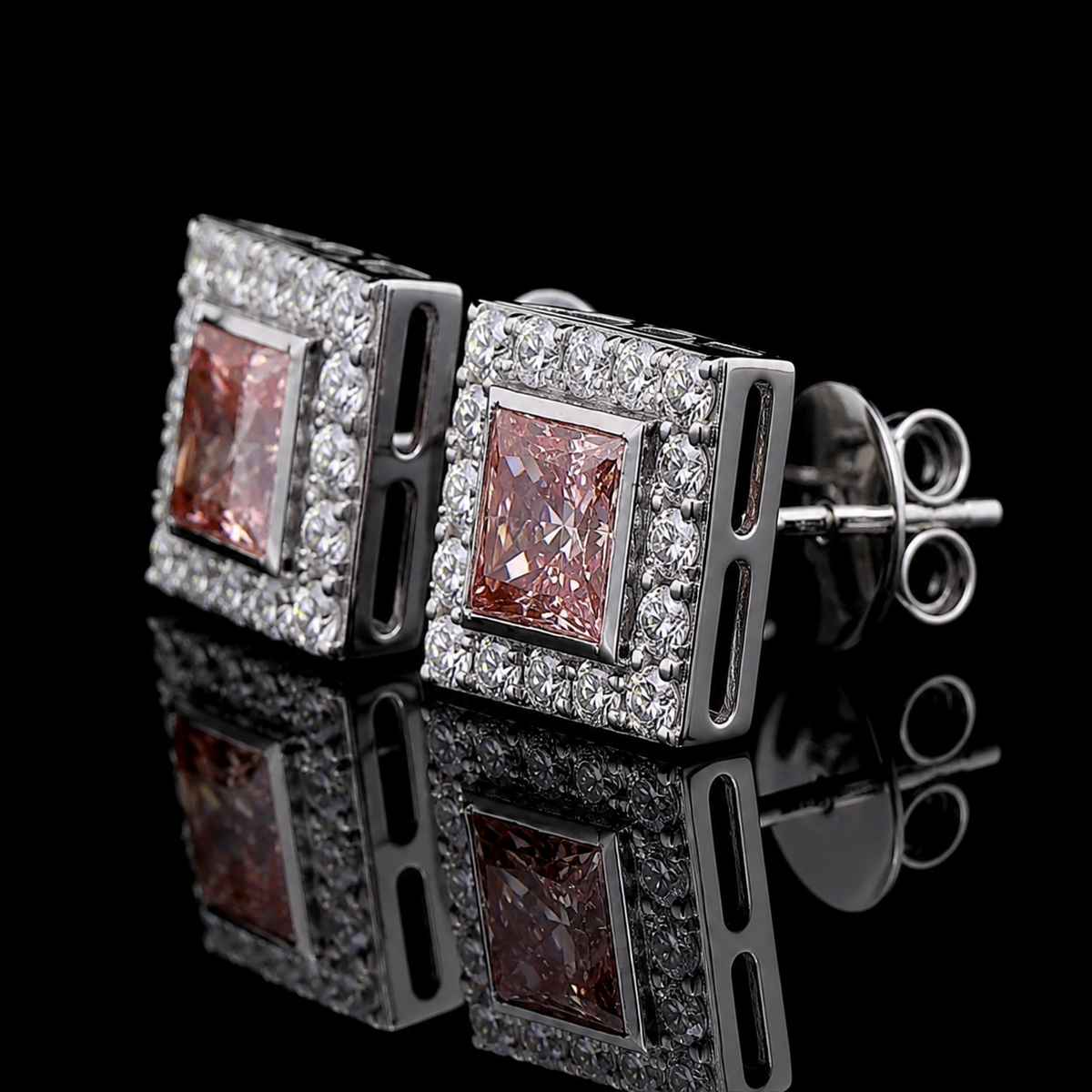 Princess Cut Pink Diamond Halo Stud Earrings