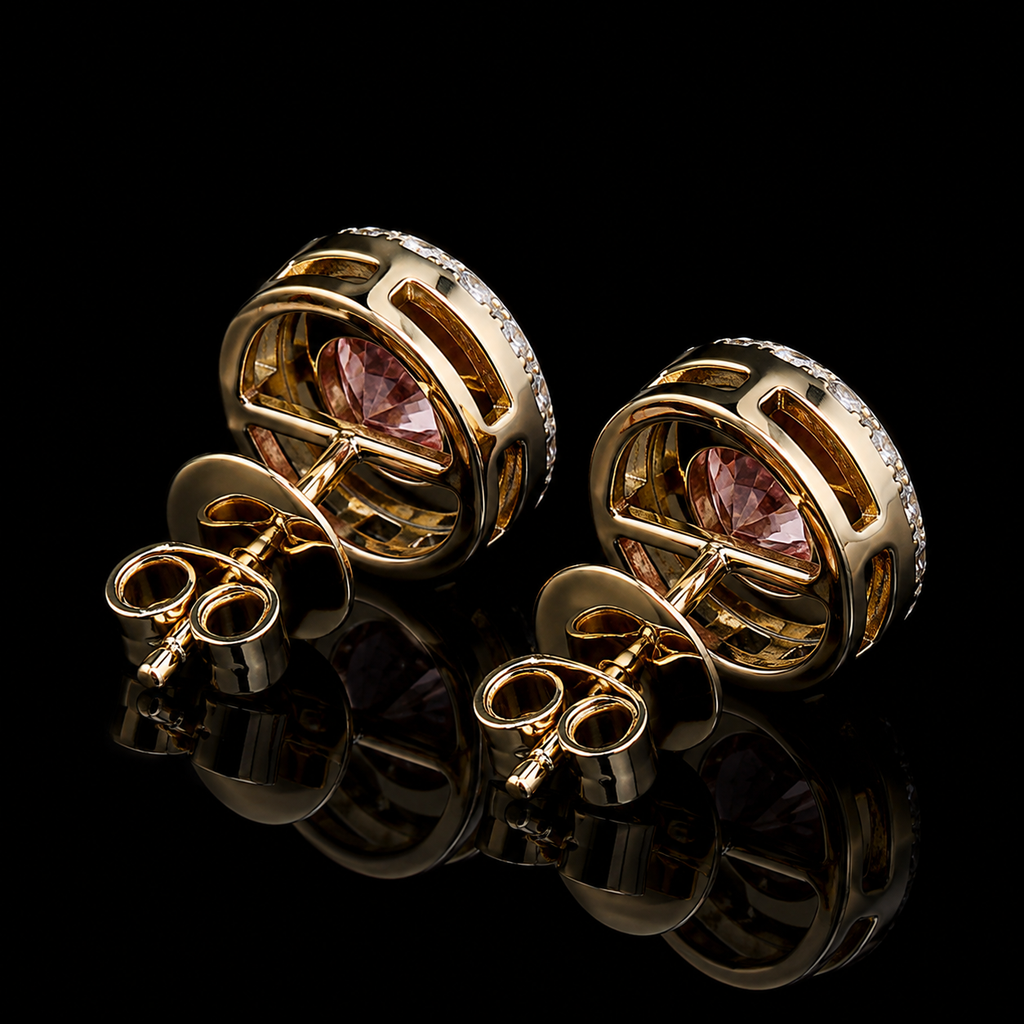 Round Pink Diamond Bezel Halo Stud Earrings