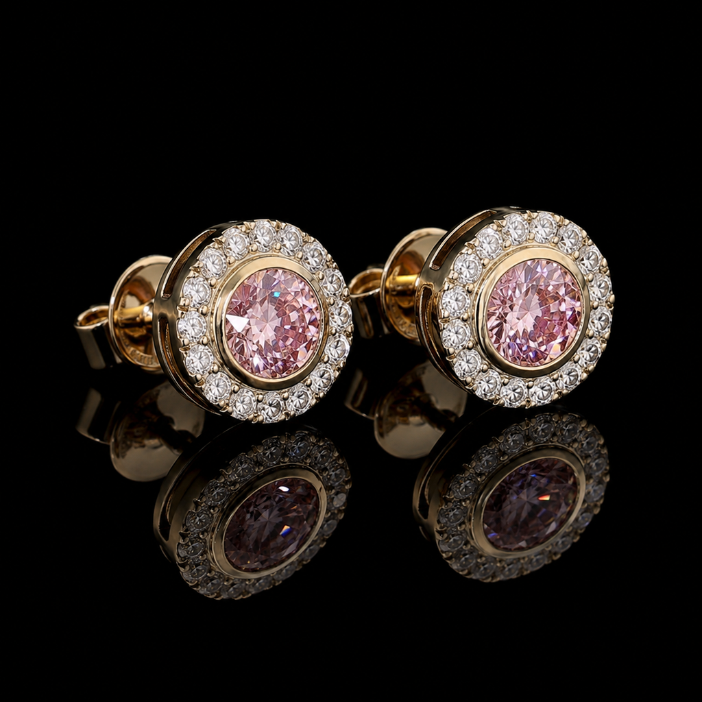 Round Pink Diamond Bezel Halo Stud Earrings