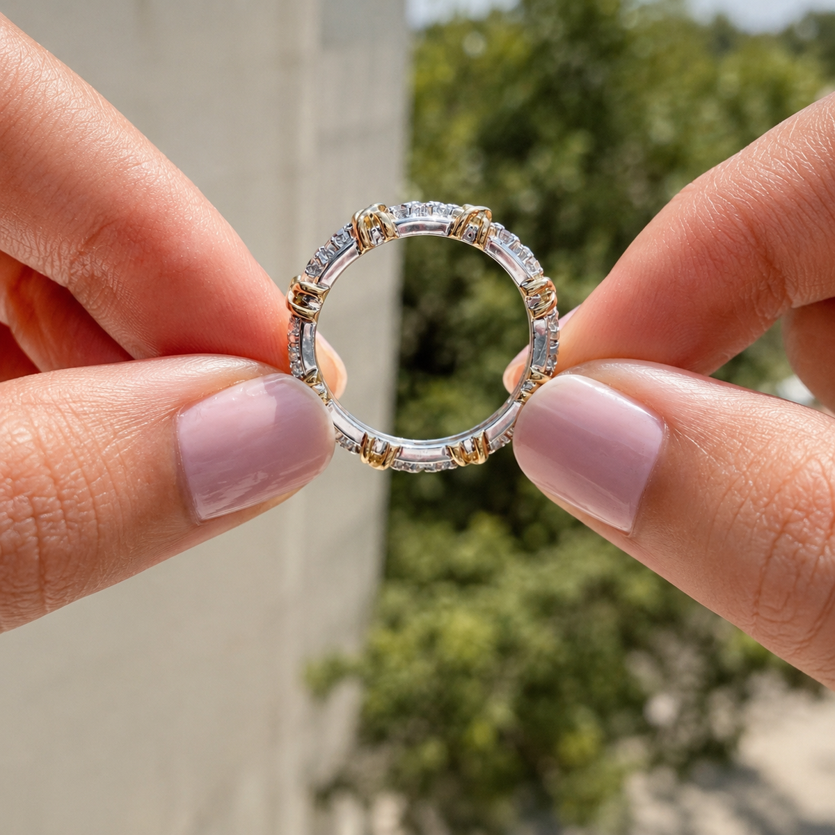 Two Tone Round Diamond Crossover Eternity Wedding Band