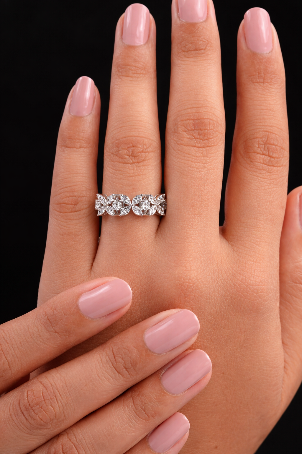 Marquise And Round Cut Diamond Flower Wedding Band