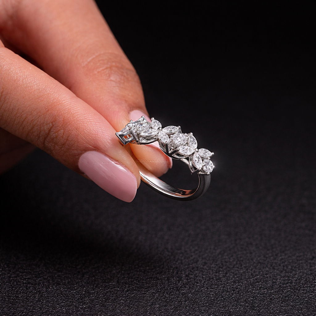 Marquise And Round Cut Diamond Flower Wedding Band